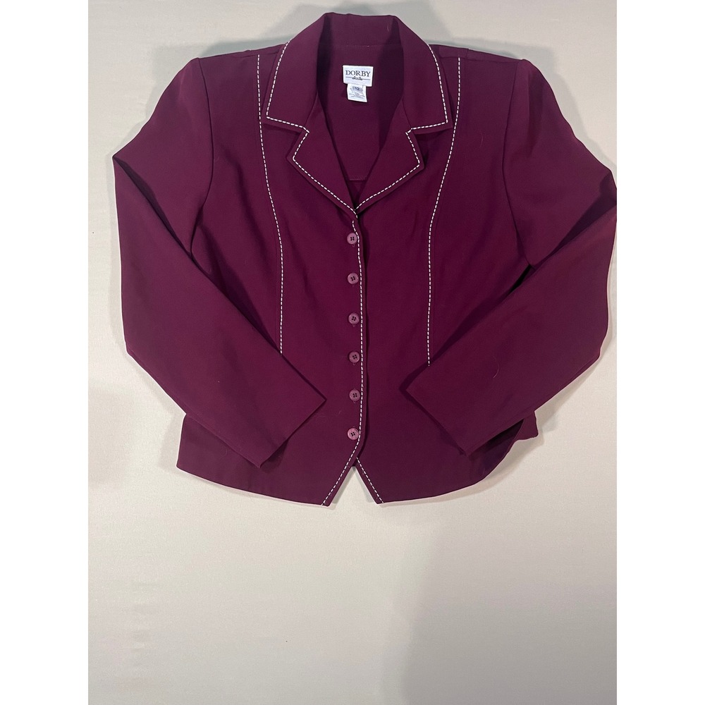 Dorby Womens Burgundy 2 Piece Skirt Suit Contrast Stitch Blazer Midi Skirt Sz 12